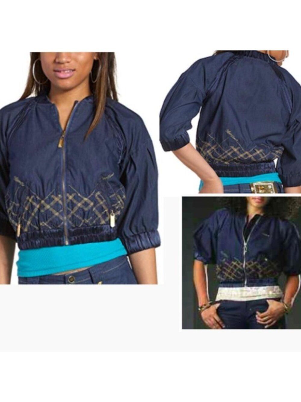 Apple Bottoms Women’s Y2K Soft Denim Satin Cropped Bomber Jacket Size L